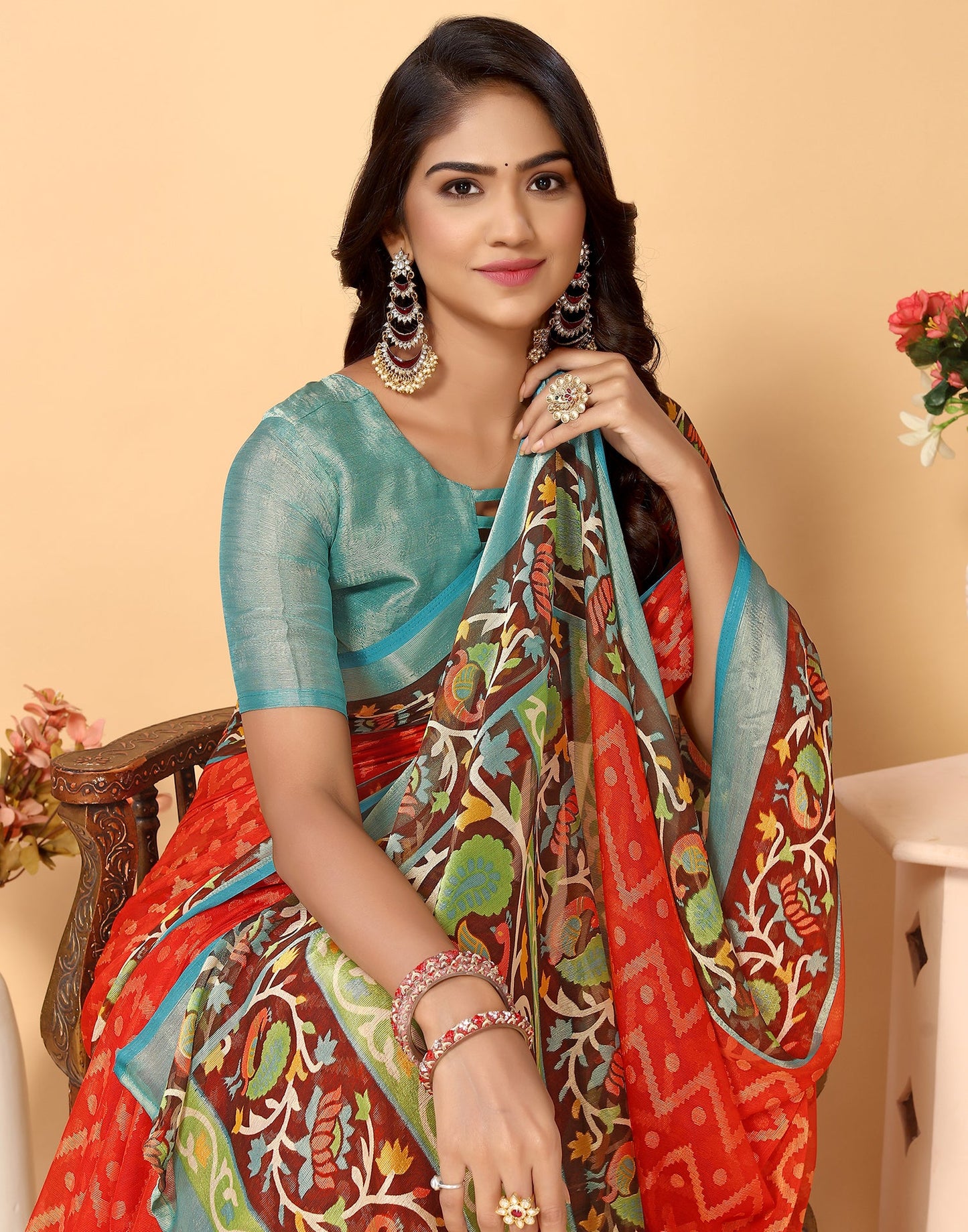 Red Brasso Self Woven Saree