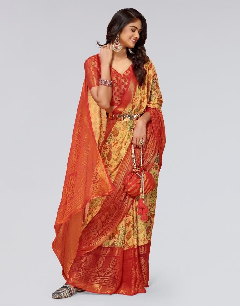 Beige Printed Brasso Saree