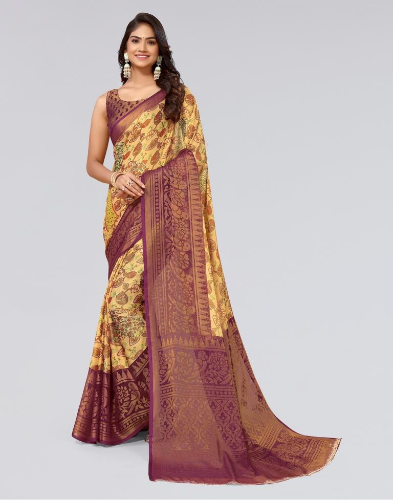Beige Printed Brasso Saree
