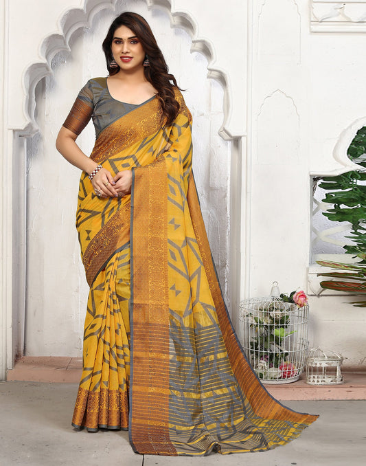 Yellow Cotton Weaving Saree