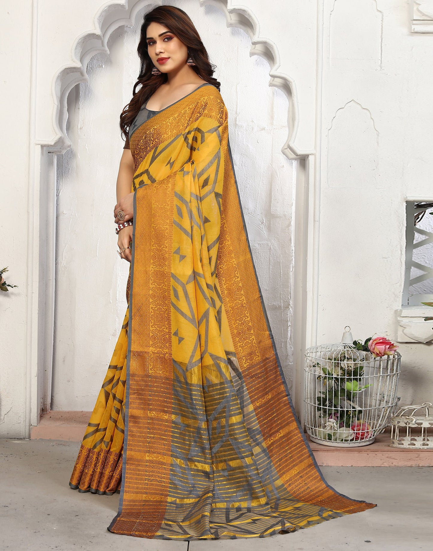 Yellow Cotton Weaving Saree