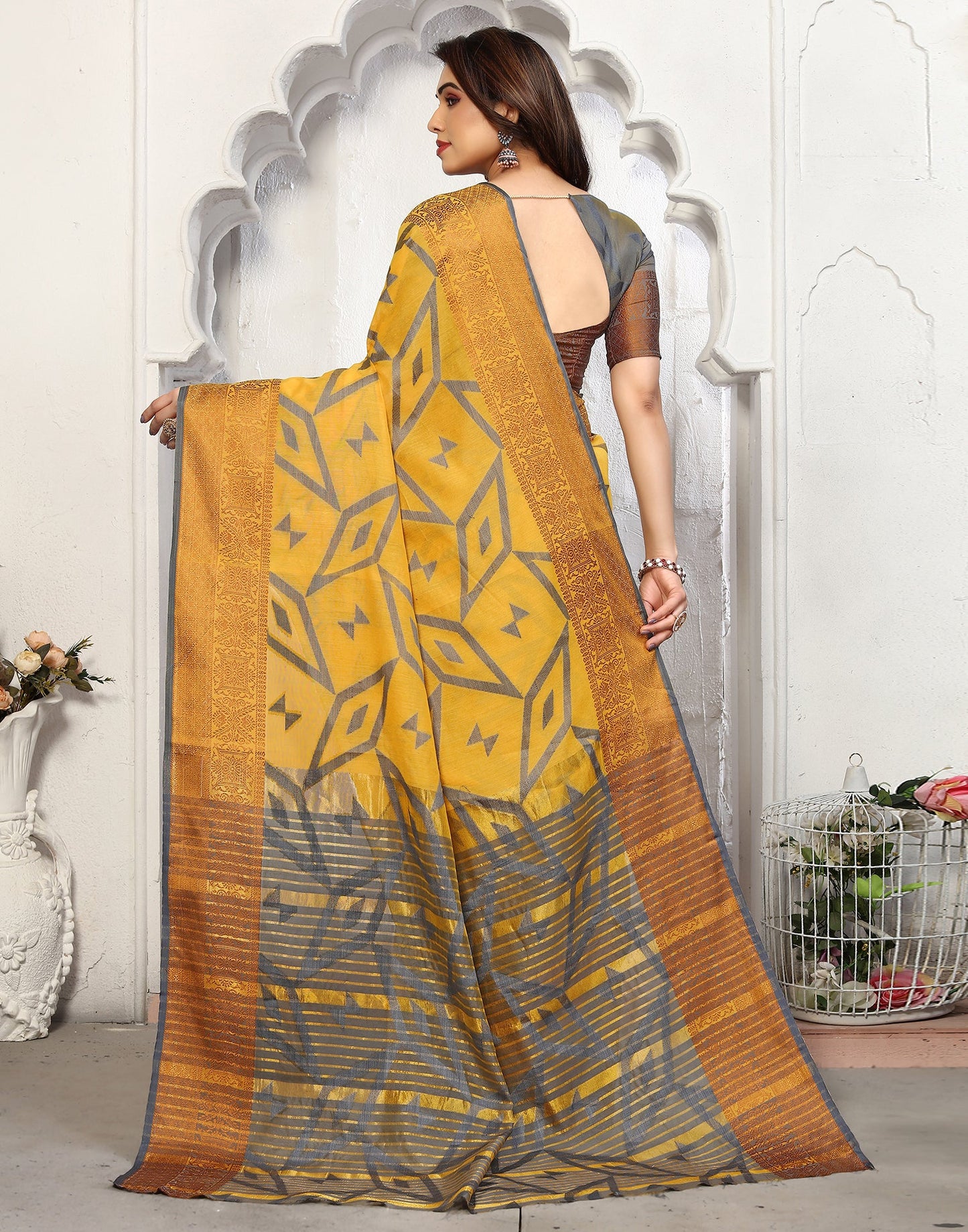 Yellow Cotton Weaving Saree