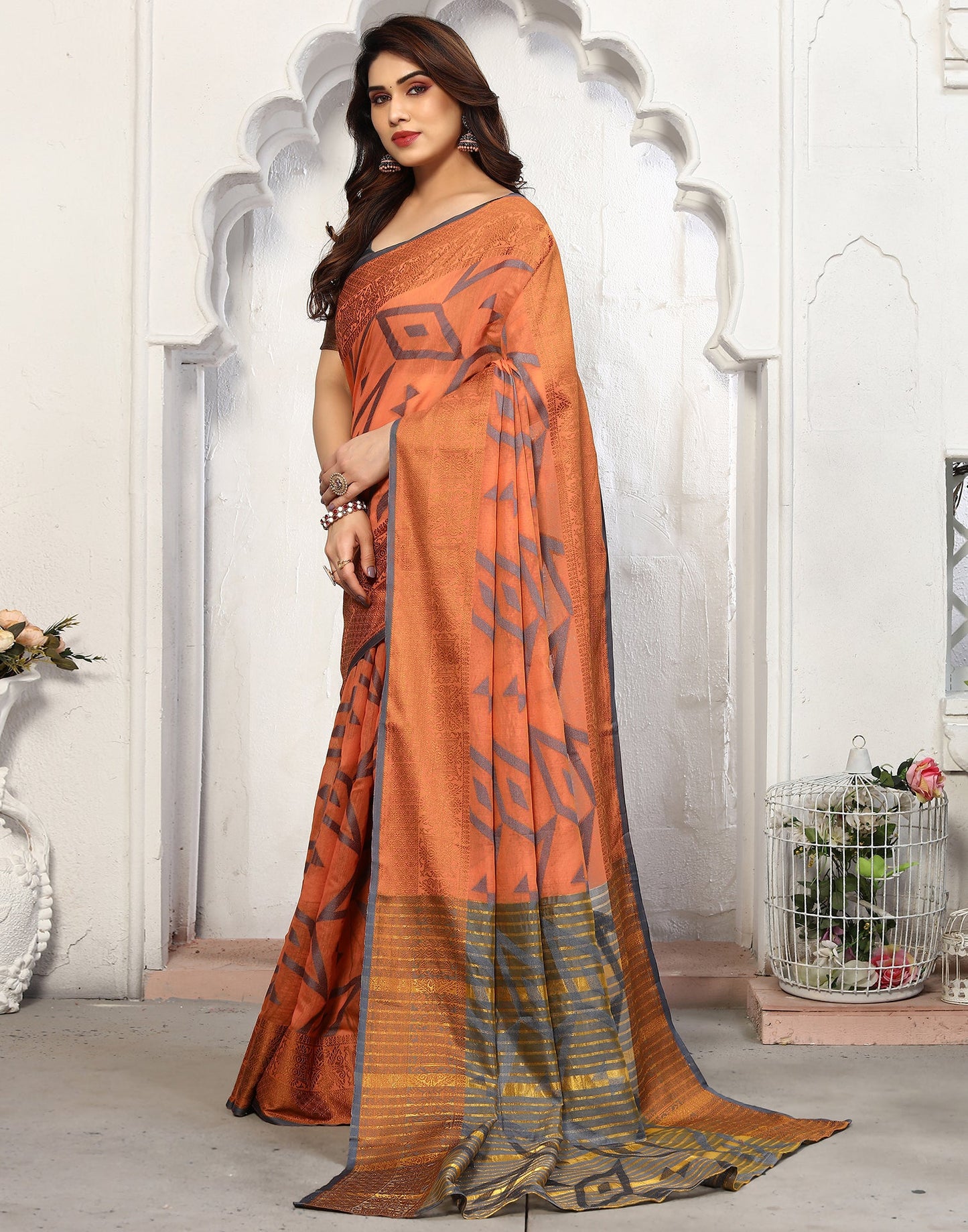 Light Orange Cotton Weaving Saree
