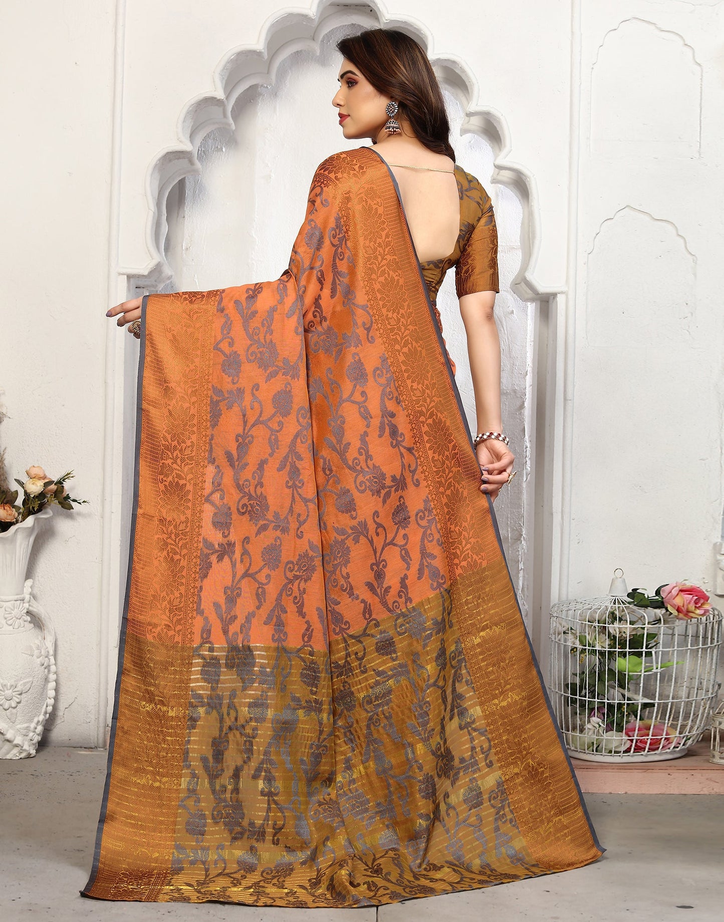 Light Orange Cotton Weaving Saree