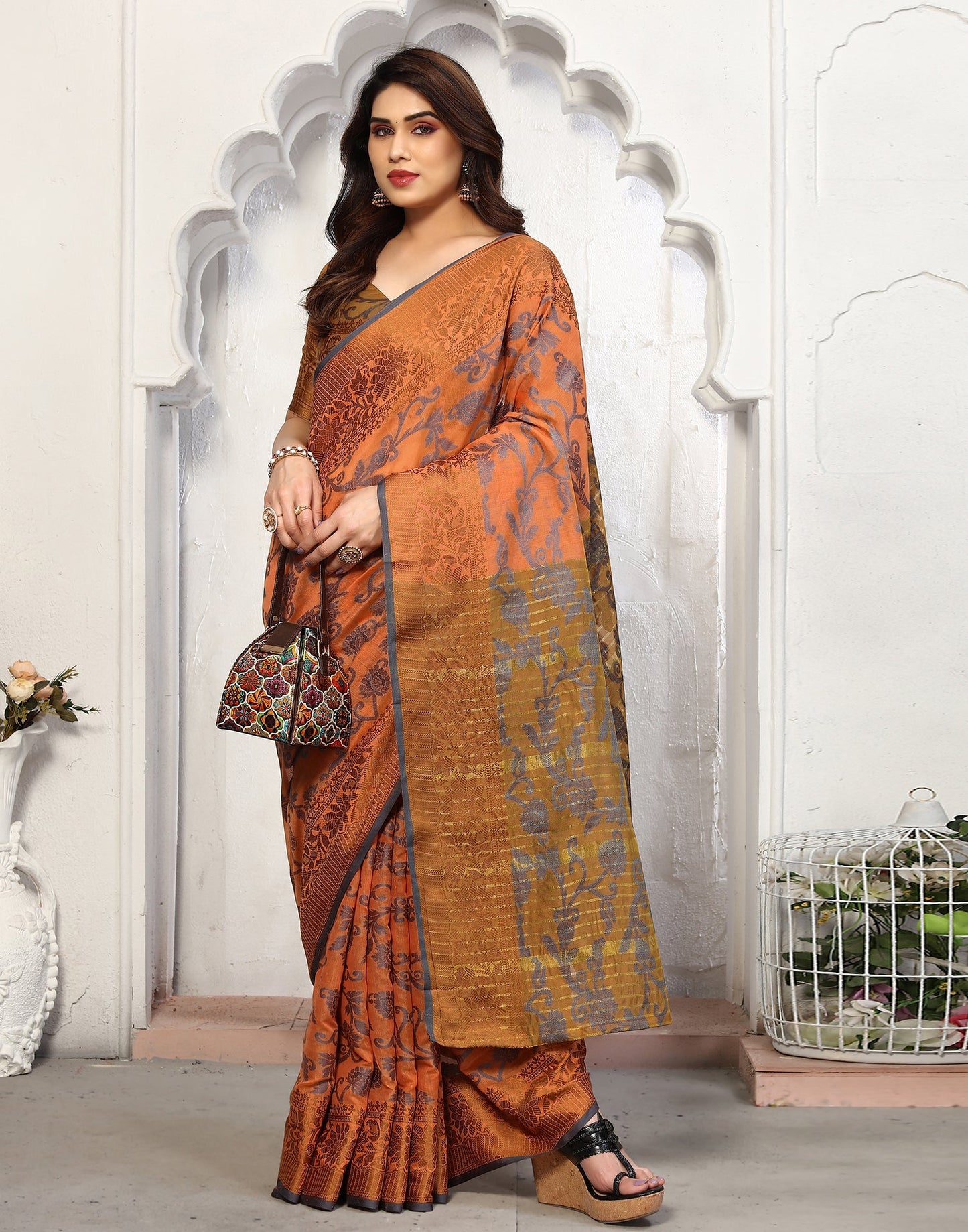 Light Orange Cotton Weaving Saree