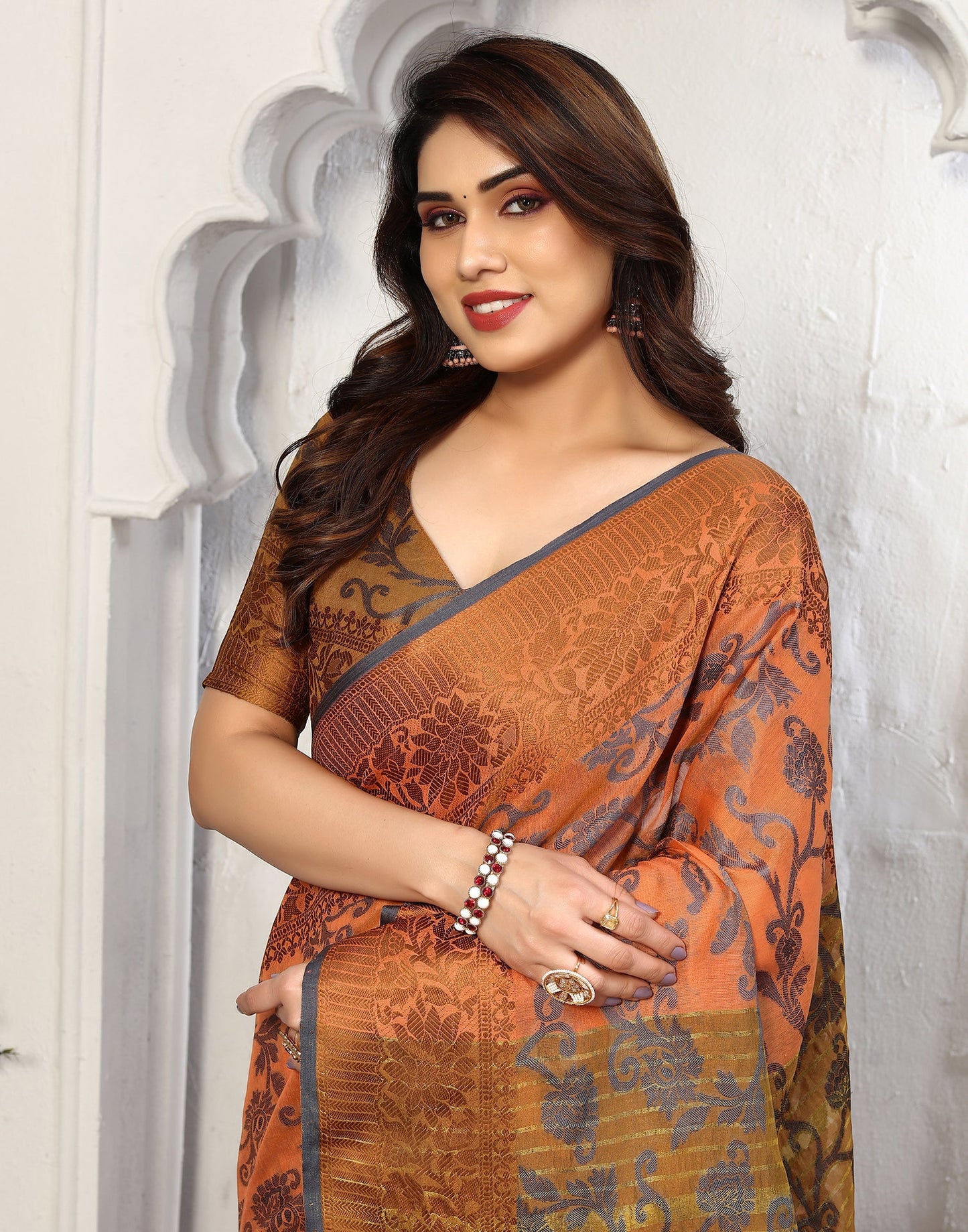 Light Orange Cotton Weaving Saree