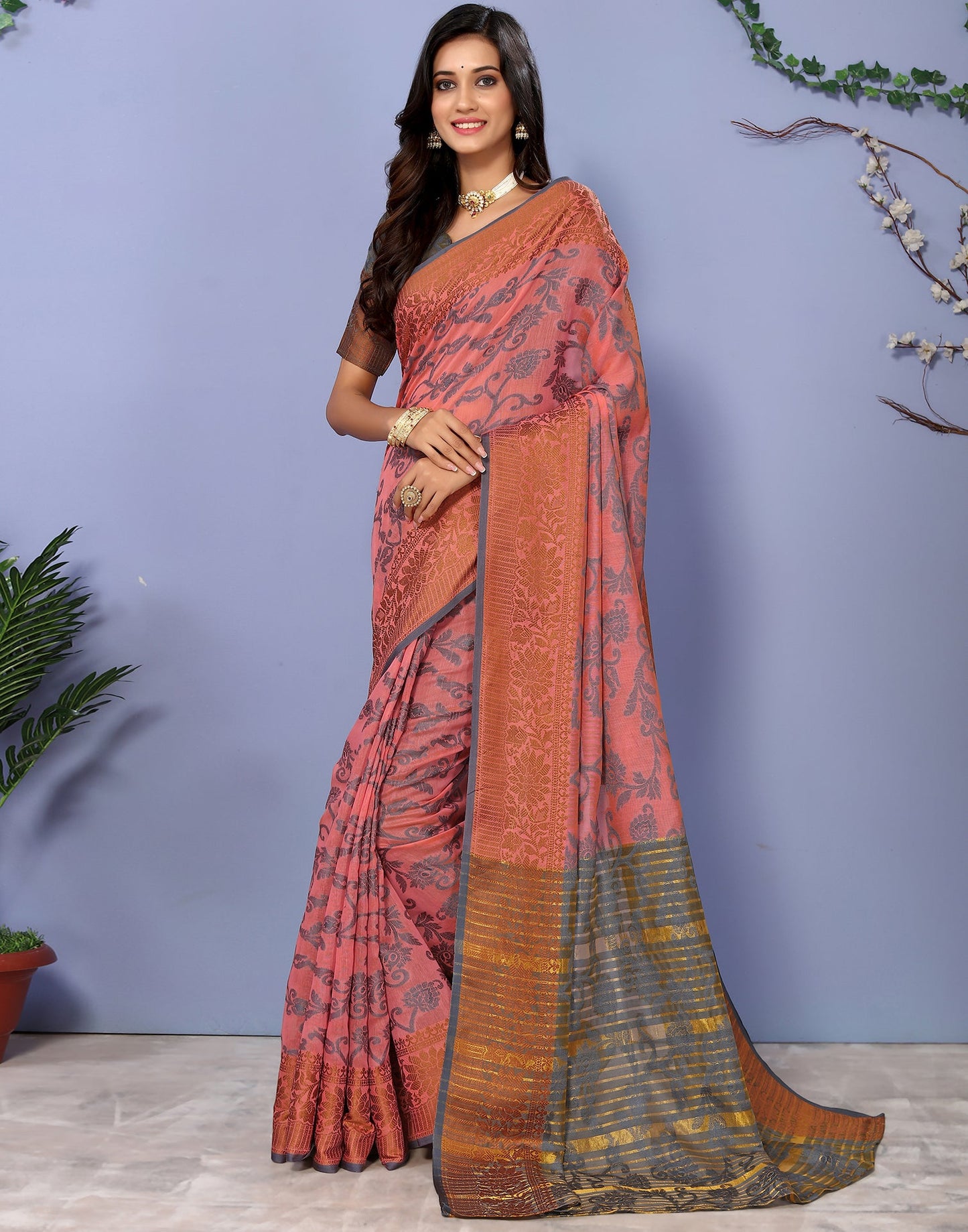 Pink Cotton Weaving Saree