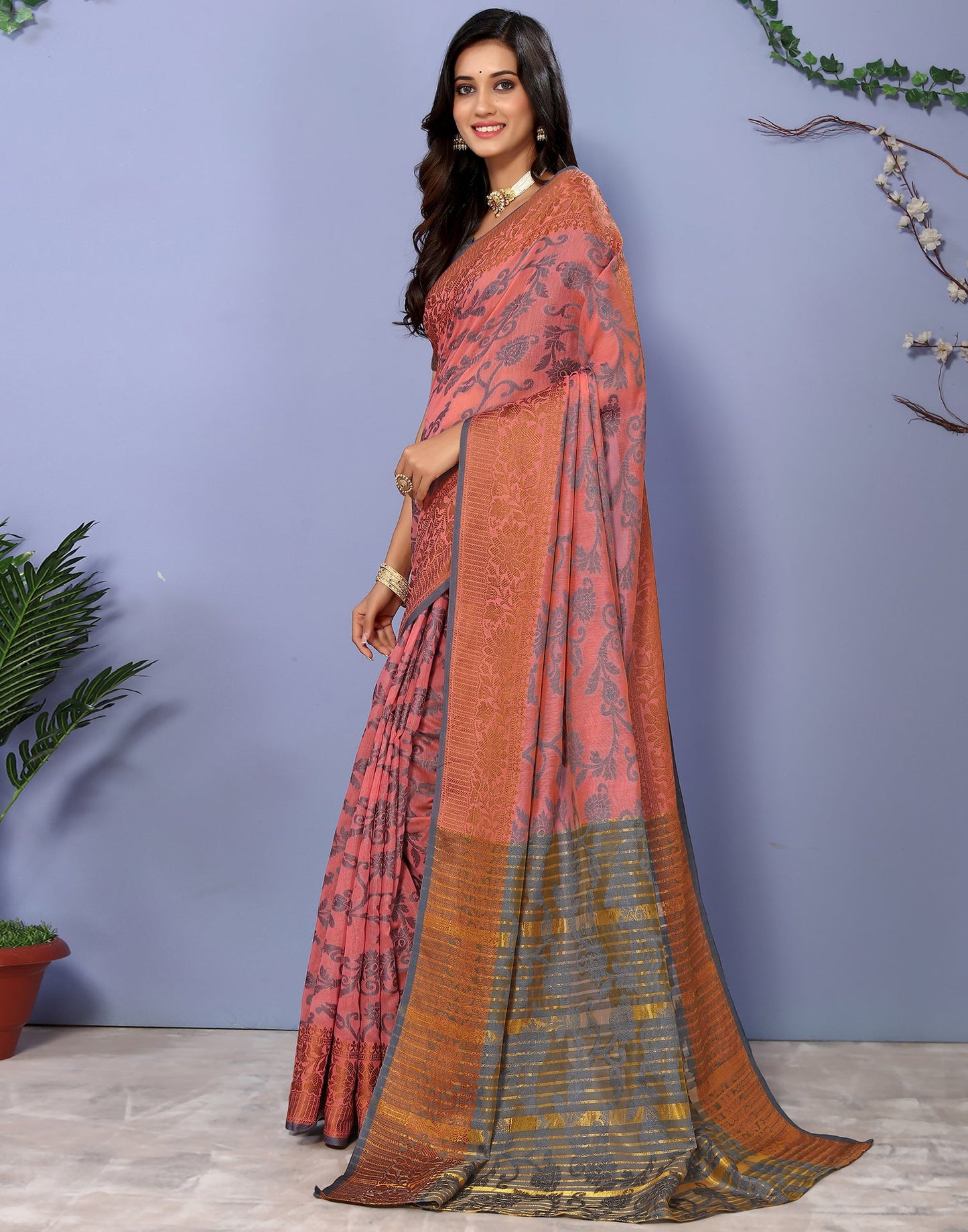 Pink Cotton Weaving Saree