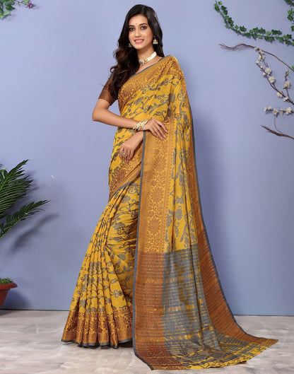 Mustard Yellow Cotton Weaving Saree