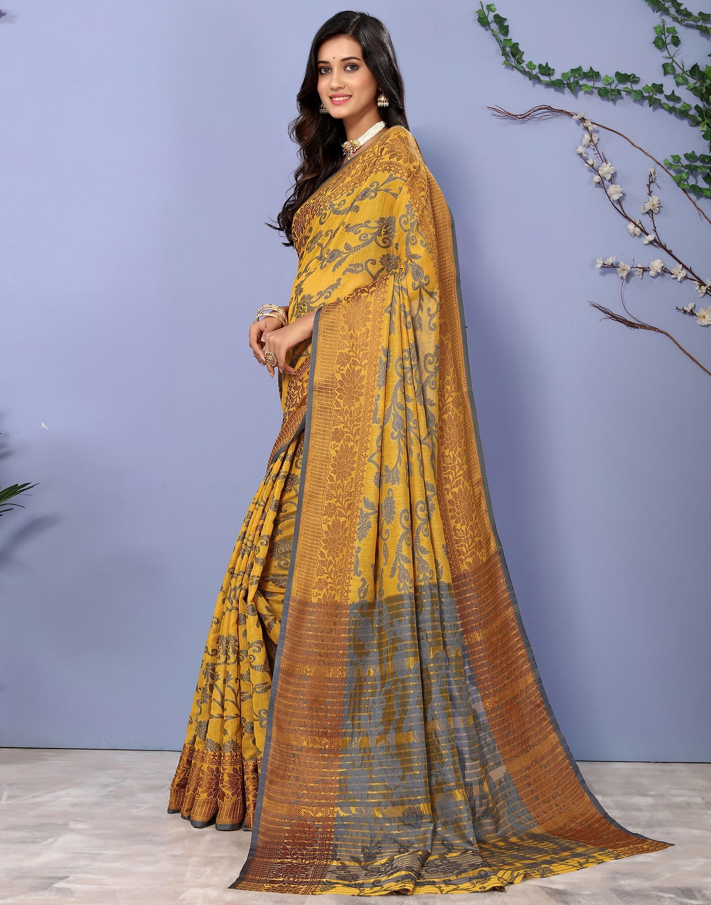 Mustard Yellow Cotton Weaving Saree