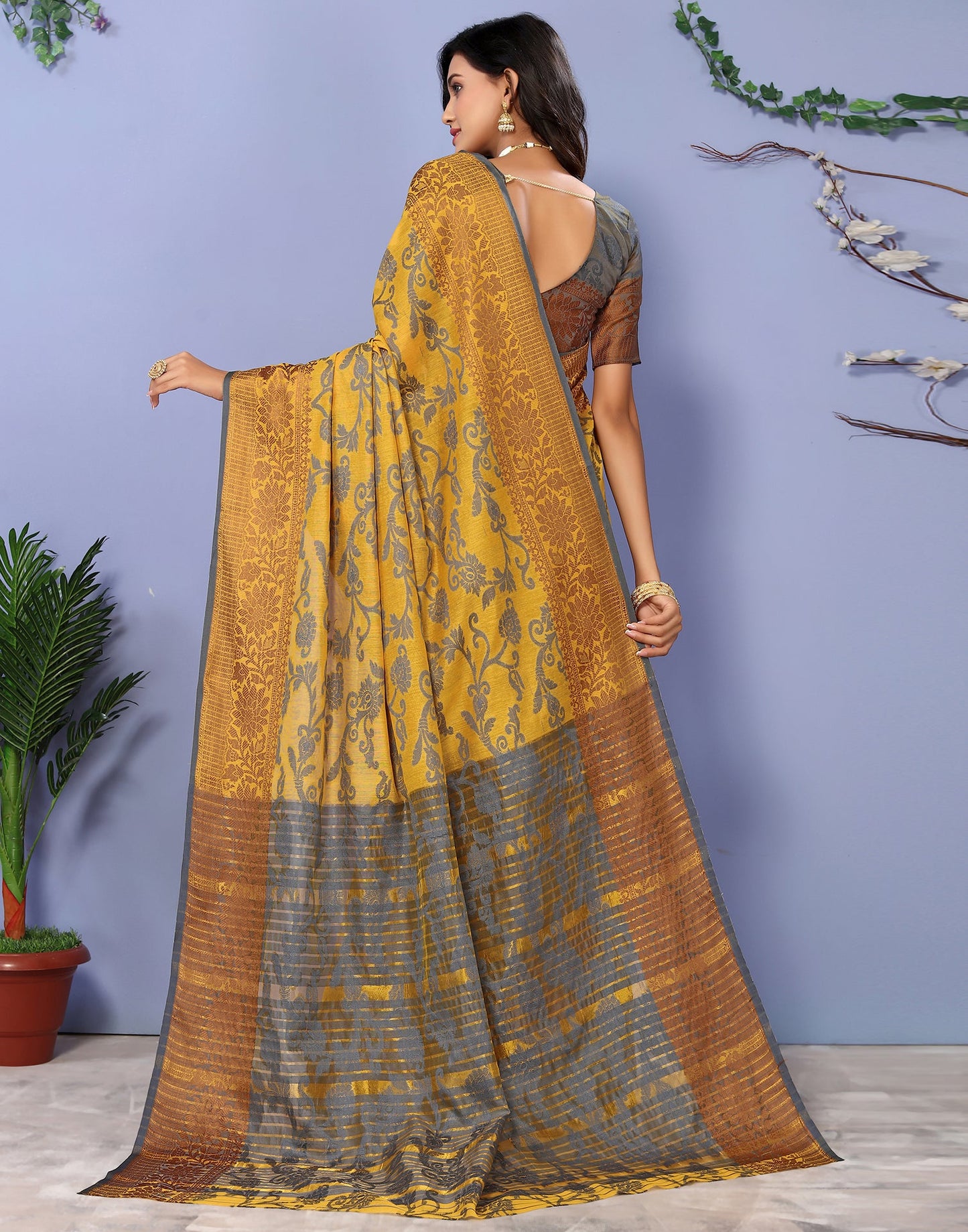 Mustard Yellow Cotton Weaving Saree