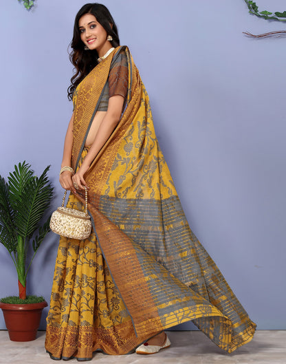 Mustard Yellow Cotton Weaving Saree
