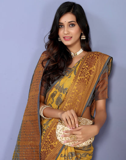 Mustard Yellow Cotton Weaving Saree