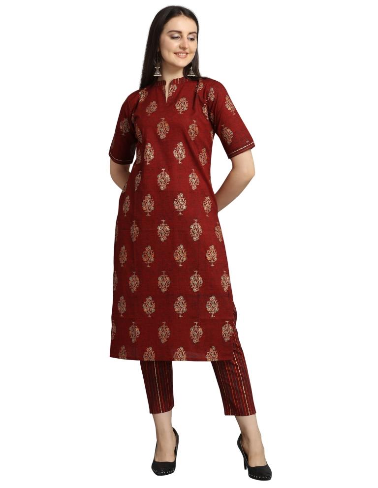 Maroon Foil Printed Cotton Kurti | Leemboodi