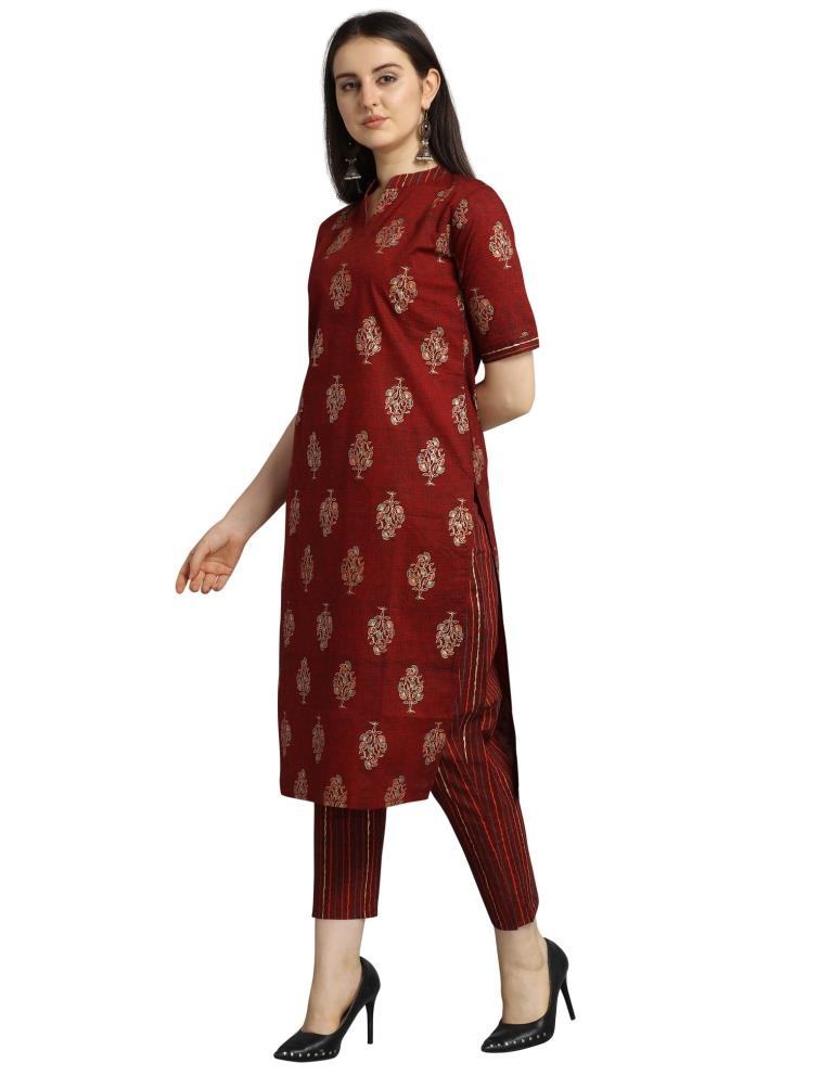 Maroon Foil Printed Cotton Kurti | Leemboodi