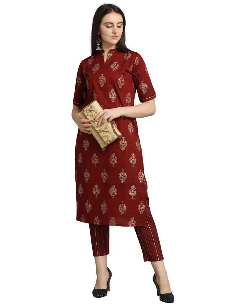 Maroon Foil Printed Cotton Kurti | Leemboodi