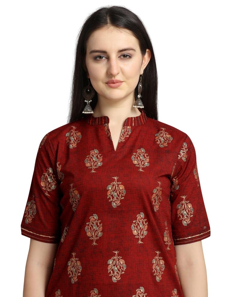 Maroon Foil Printed Cotton Kurti | Leemboodi