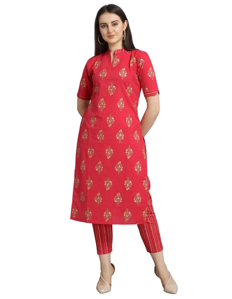 Coral Pink Foil Printed Cotton Kurti | Sudathi
