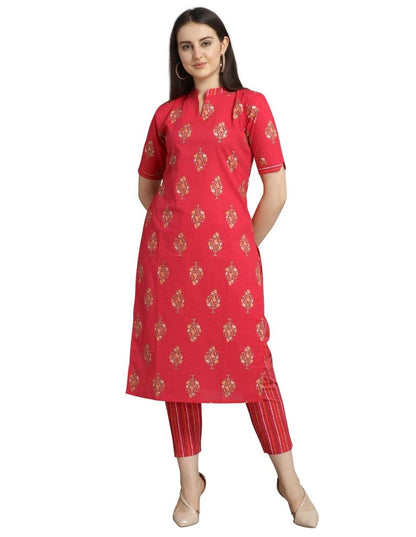 Coral Pink Foil Printed Cotton Kurti | Sudathi