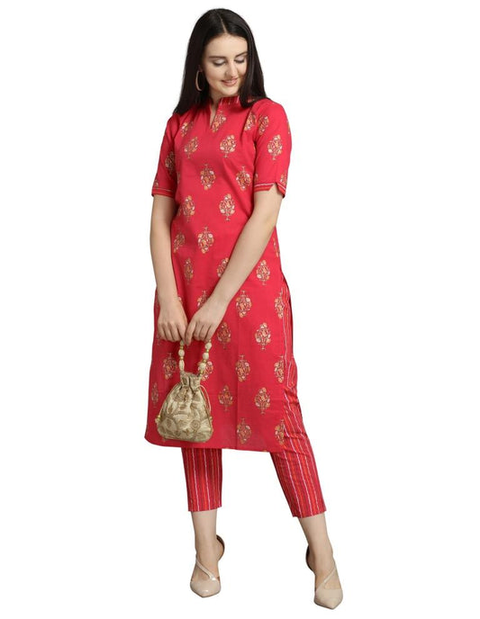 Coral Pink Foil Printed Cotton Kurti | Sudathi