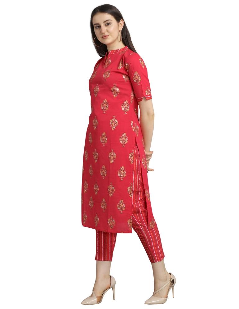 Coral Pink Foil Printed Cotton Kurti | Sudathi