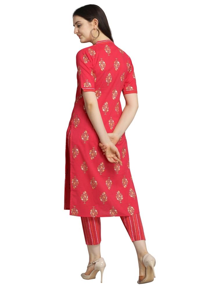 Coral Pink Foil Printed Cotton Kurti | Sudathi