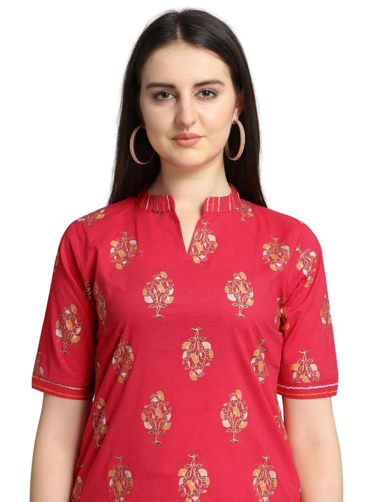 Coral Pink Foil Printed Cotton Kurti | Sudathi