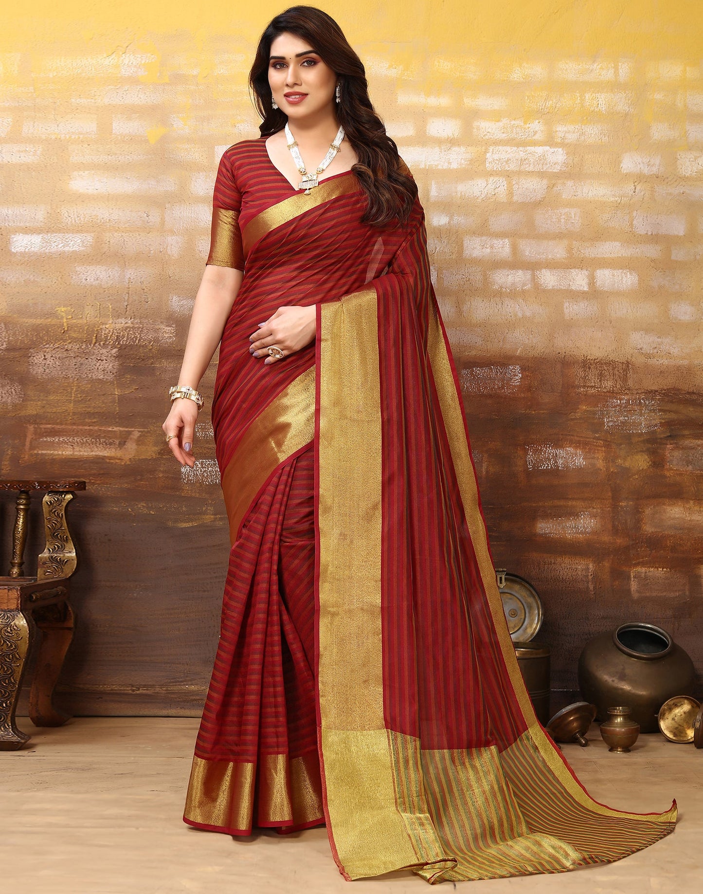 Maroon Silk Self Woven Saree