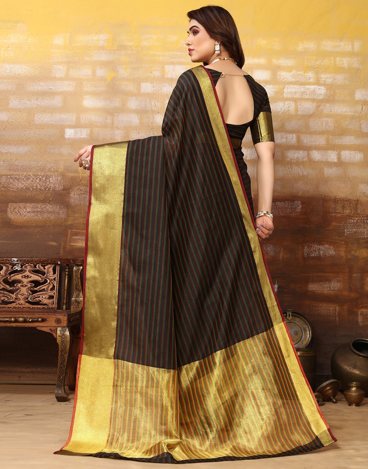 Dark Green Silk Self Woven Saree