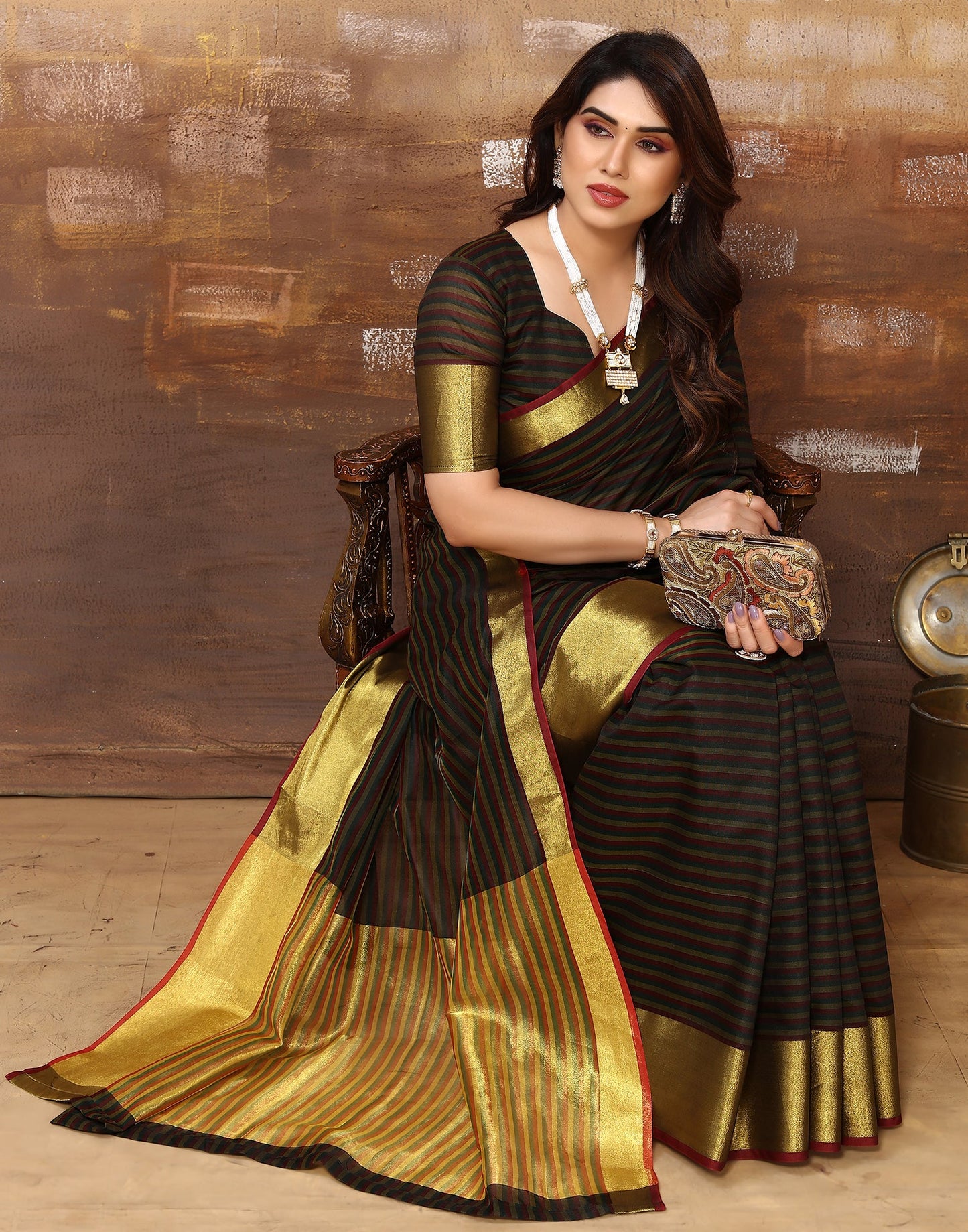 Dark Green Silk Self Woven Saree