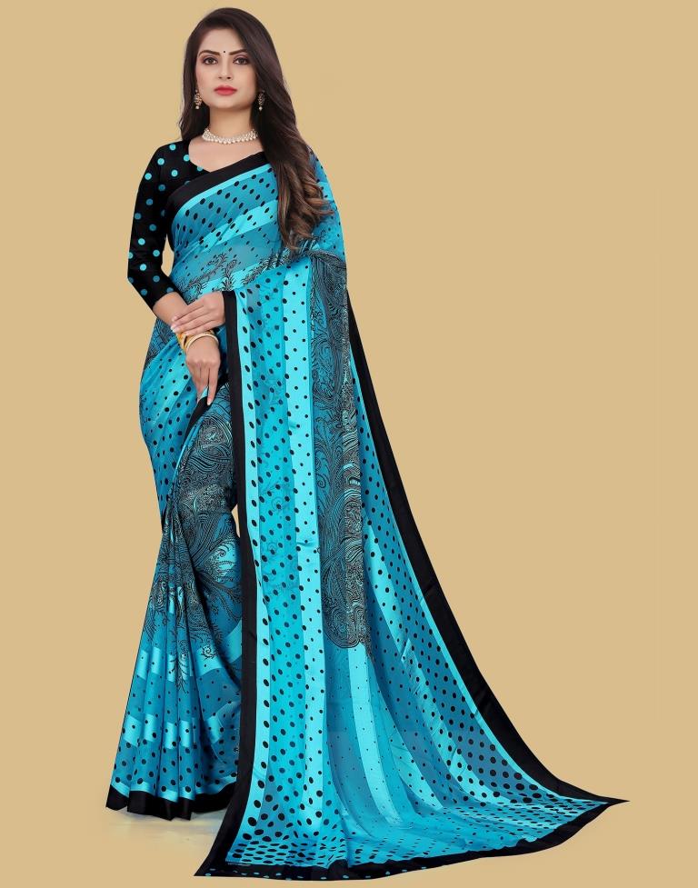 Sky Blue Printed Chiffon Saree