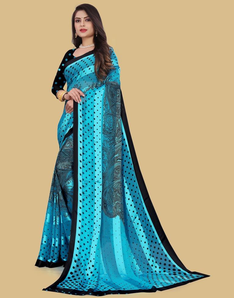 Sky Blue Printed Chiffon Saree