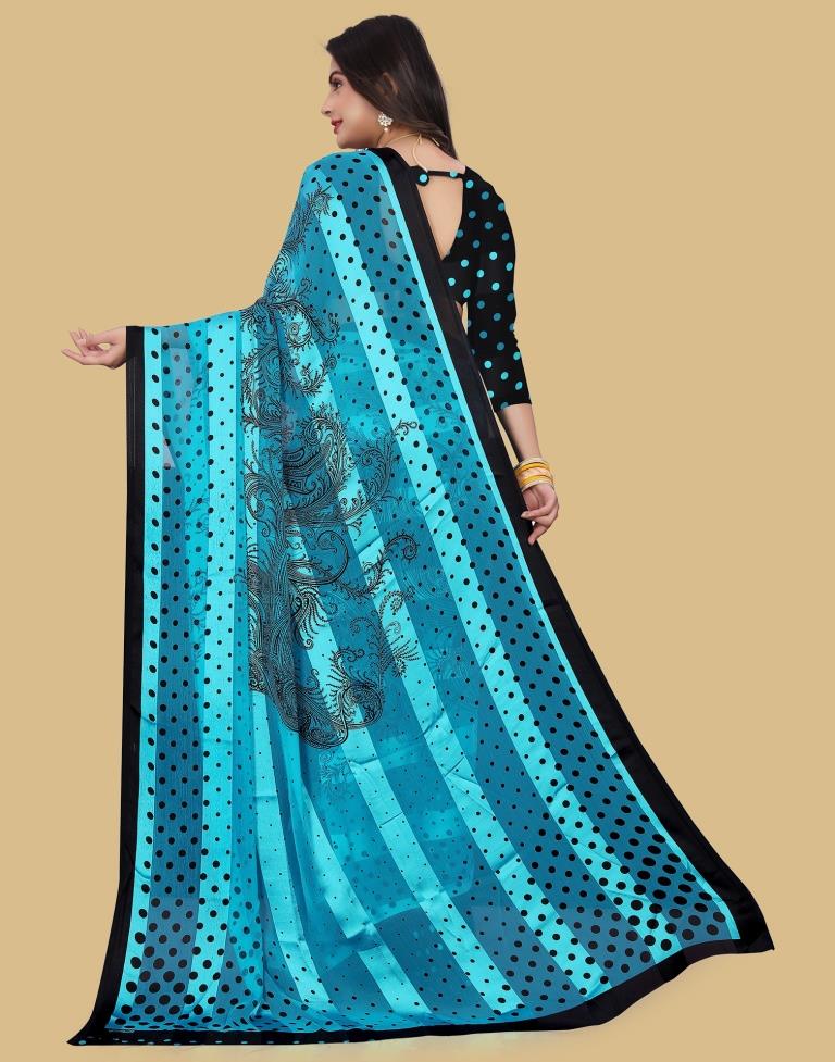 Sky Blue Printed Chiffon Saree