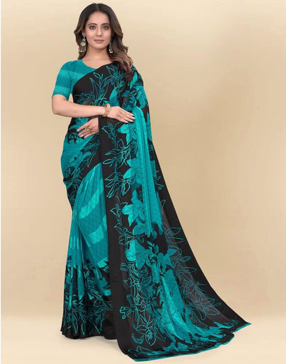 Teal Blue Printed Chiffon Saree