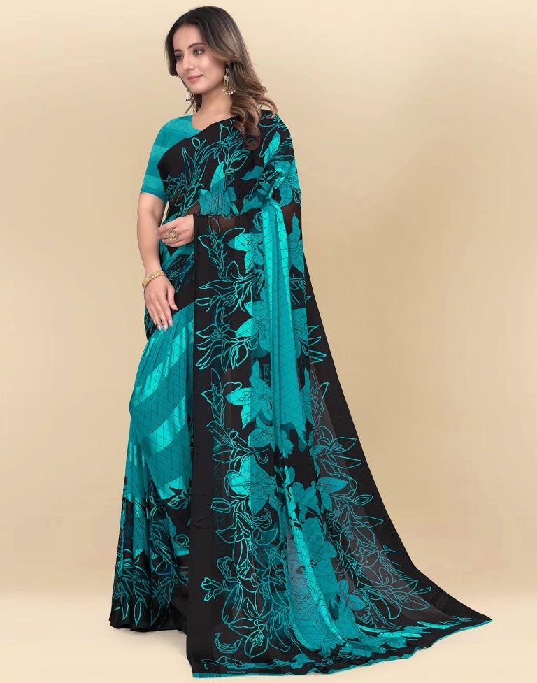 Teal Blue Printed Chiffon Saree