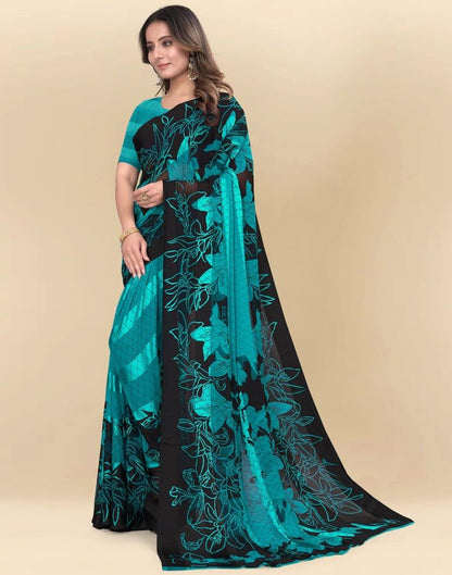 Teal Blue Printed Chiffon Saree