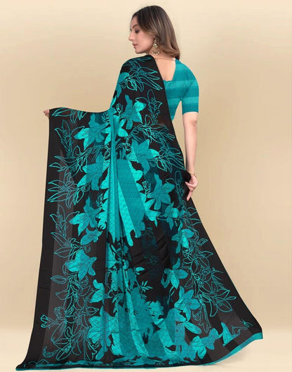 Teal Blue Printed Chiffon Saree