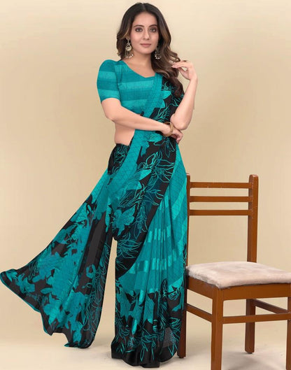 Teal Blue Printed Chiffon Saree