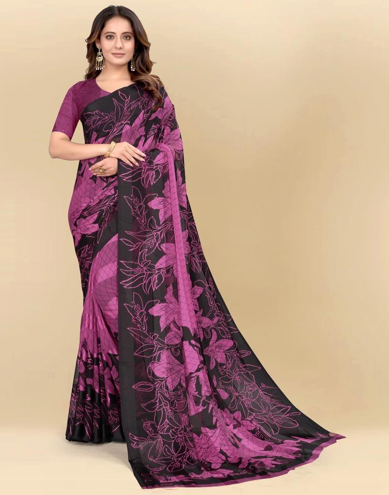 Dark Pink Printed Chiffon Saree