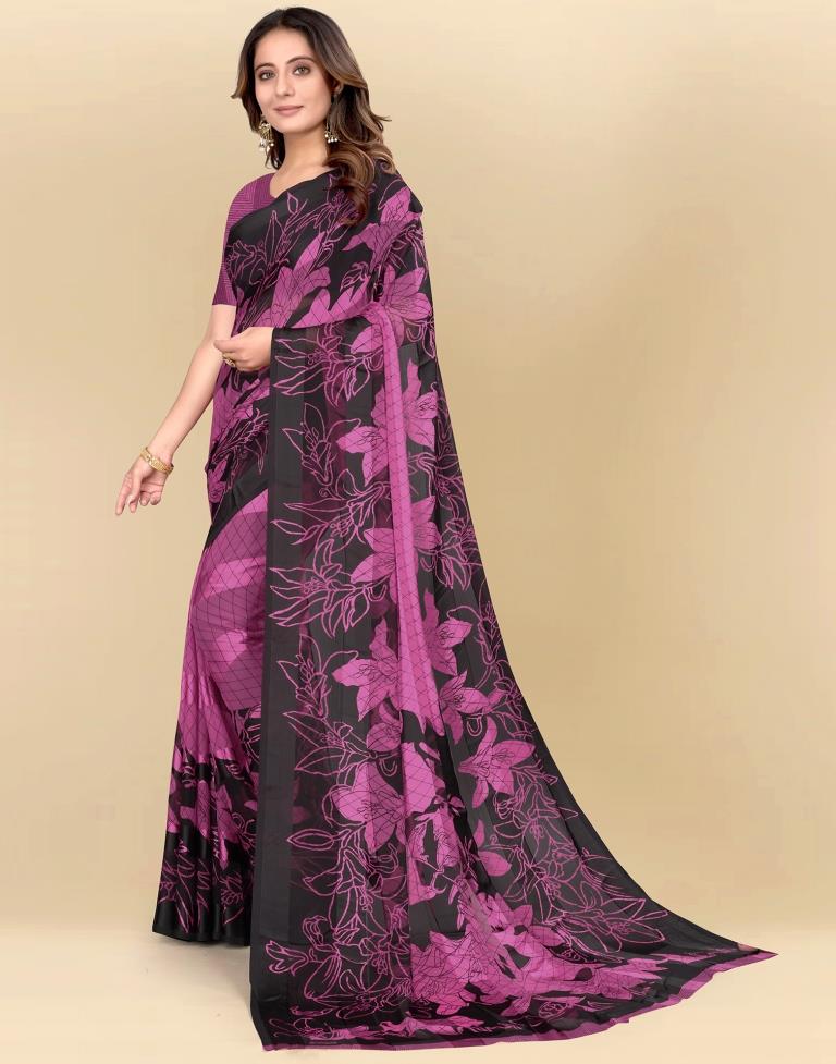 Dark Pink Printed Chiffon Saree