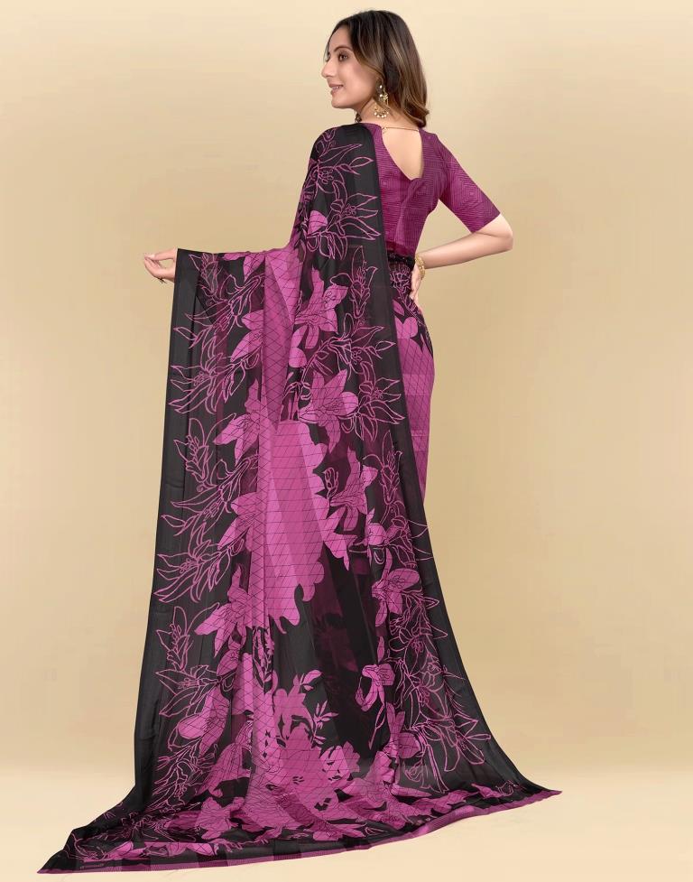 Dark Pink Printed Chiffon Saree