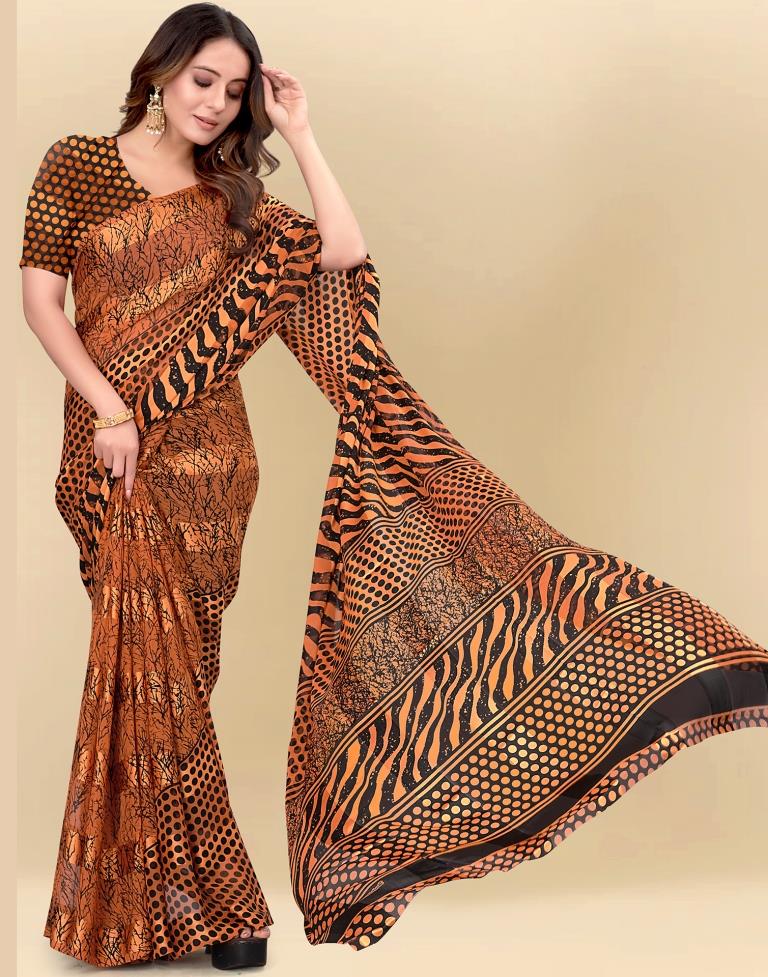 Light Orange Printed Chiffon Saree