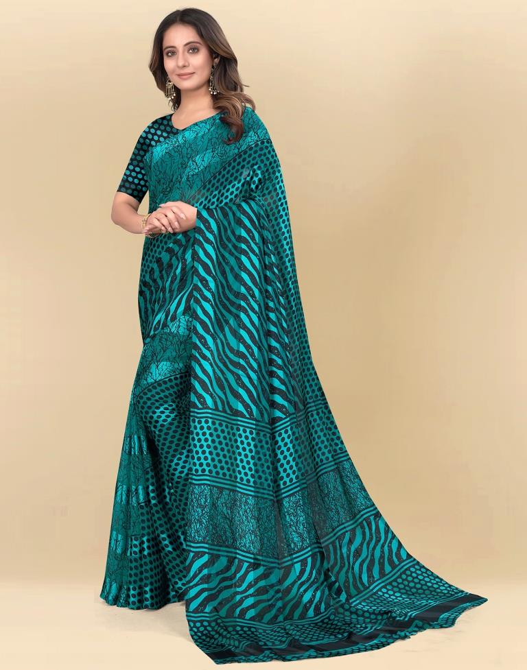 Rama Green Printed Chiffon Saree