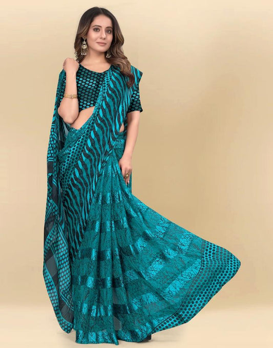 Rama Green Printed Chiffon Saree