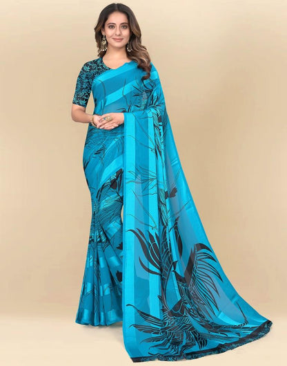 Sky Blue Printed Chiffon Saree