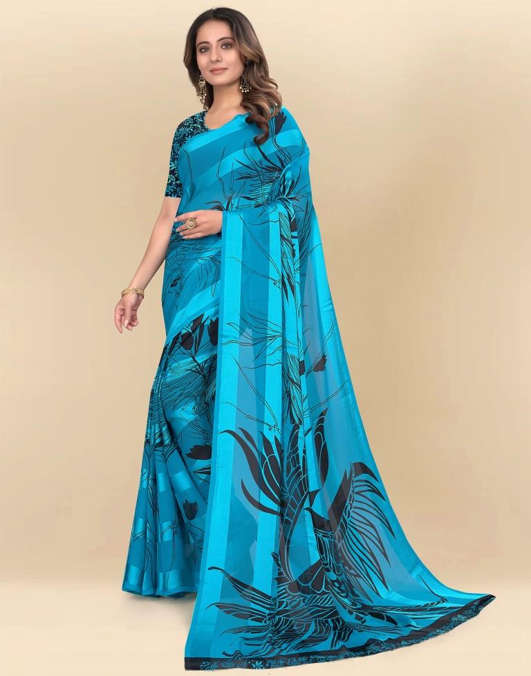 Sky Blue Printed Chiffon Saree