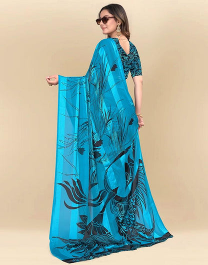 Sky Blue Printed Chiffon Saree