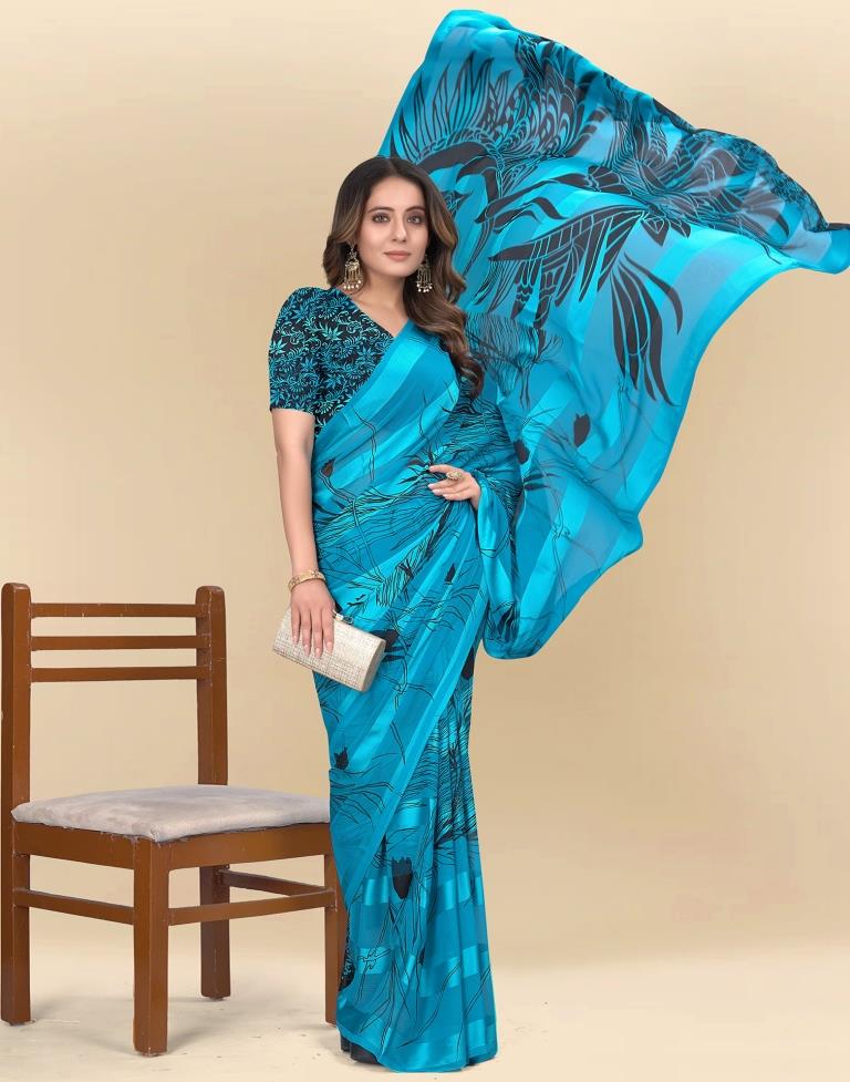 Sky Blue Printed Chiffon Saree