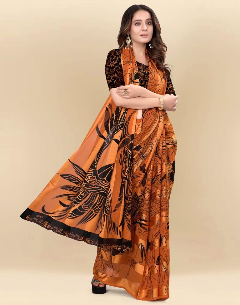 Light Orange Printed Chiffon Saree
