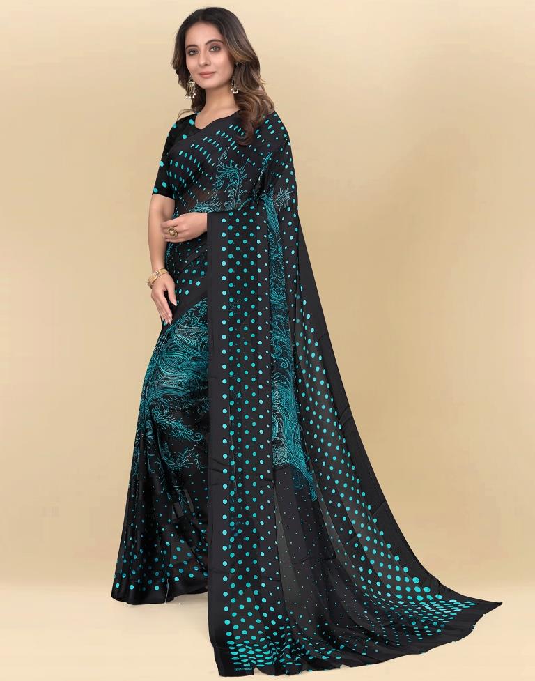 Teal Blue Printed Chiffon Saree